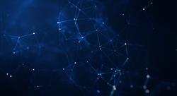 Abstract blue digital network with glowing connection points, representing data flow, global comms