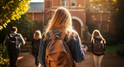 Girl with a backpack going into class building