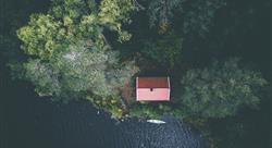 Aerial view of a cabin in the woods near the edge of a lake